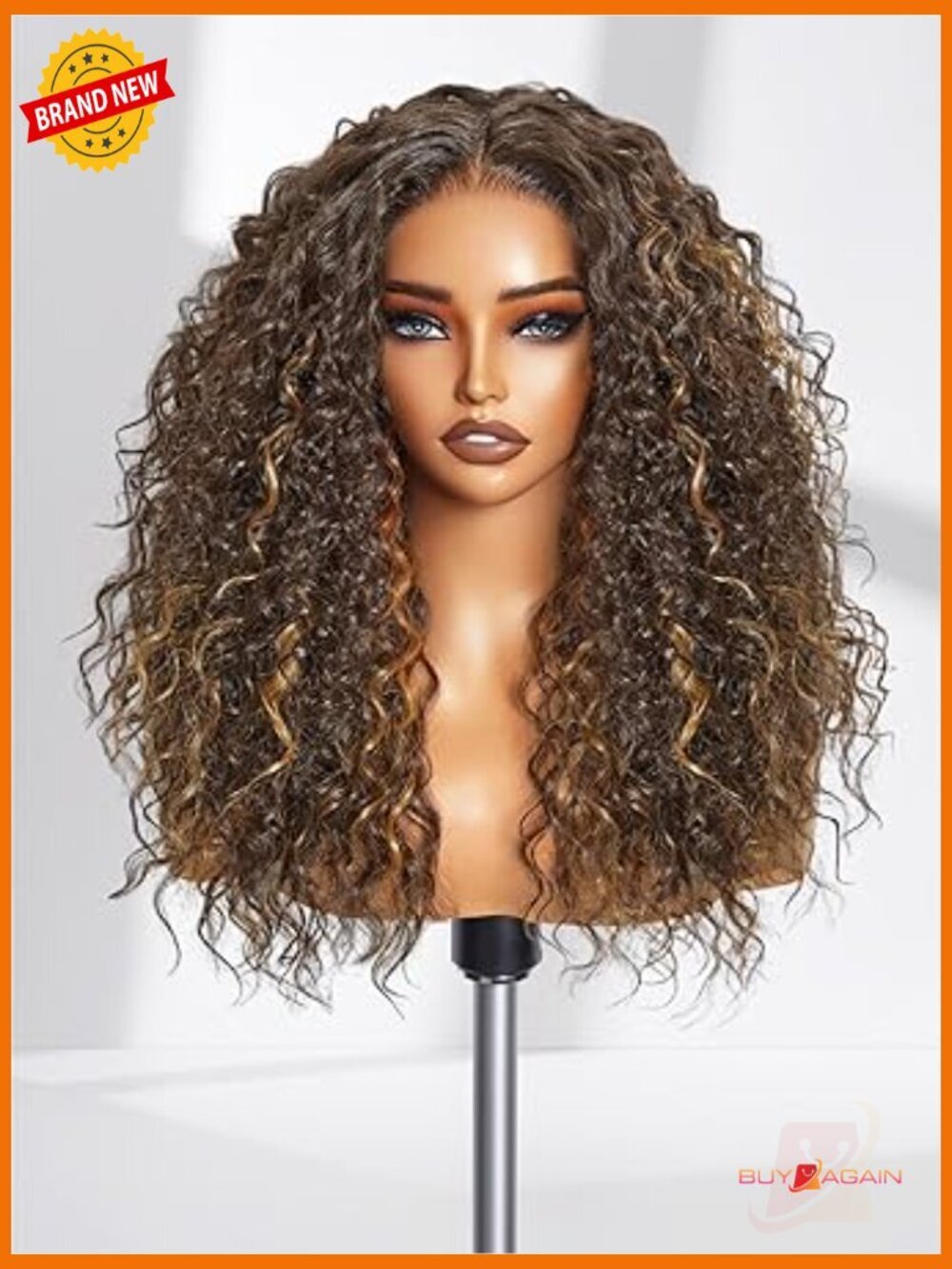 Curly Brown Highlight Lace Front Wig Glueless Pre Plucked Synthetic Hair 20 Inch